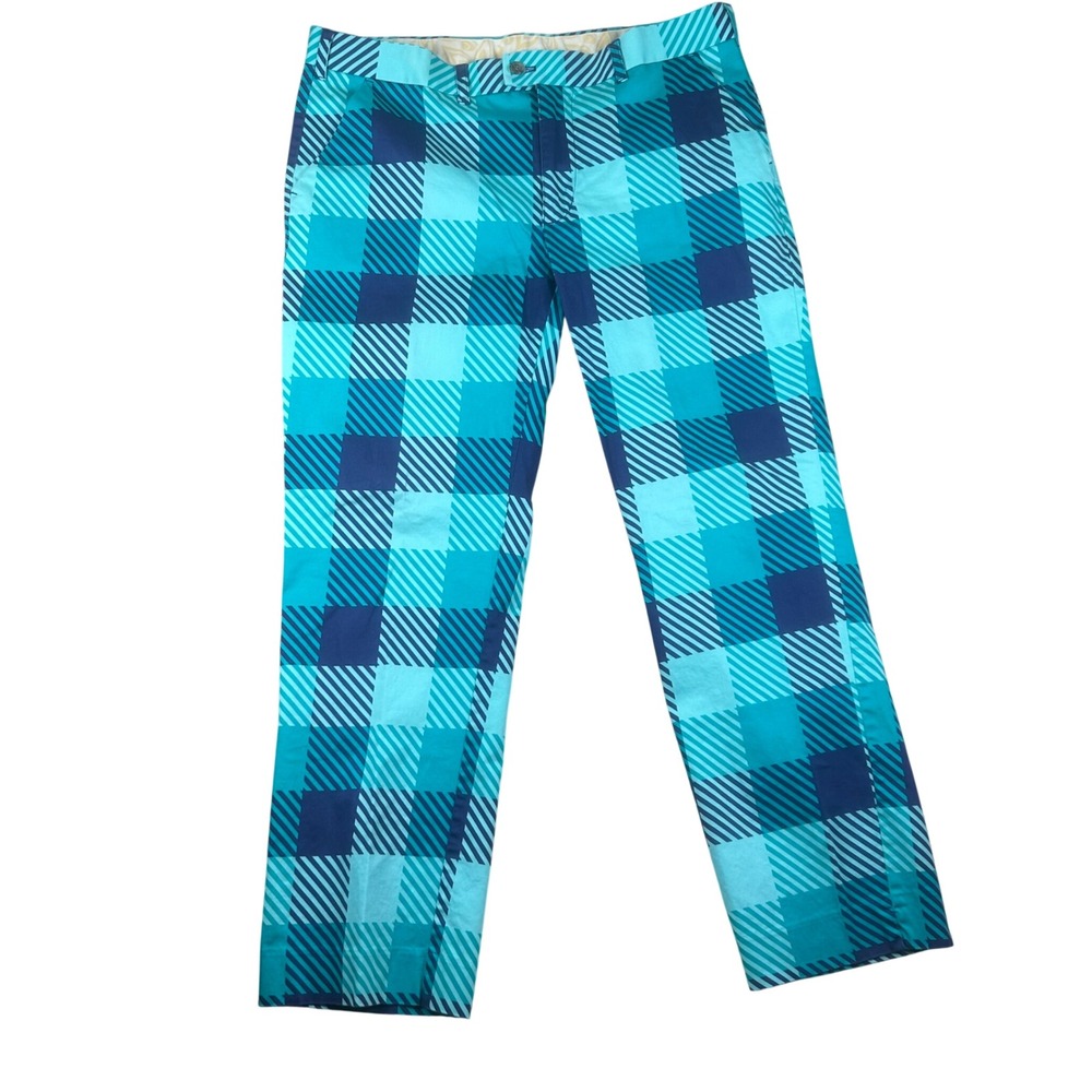 Loudmouth Golf Pants Mens 40x32 Blue Teal Plaid Checkered Stretch Cotton Golf‎